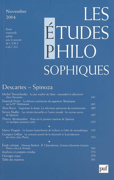 Etudes philosophiques (Les), n° 4 (2004). Descartes-Spinoza