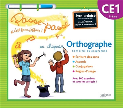 Orthographe CE1, 7-8 ans, conforme au programme : livre-ardoise avec feutre effaçable pour s'entraîn