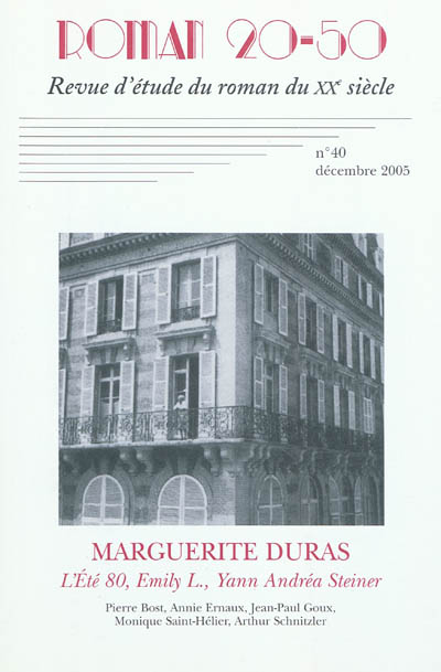 Roman 20-50, n° 40. Marguerite Duras : L'Ete 80, Emily L., Yann Andréa Steiner