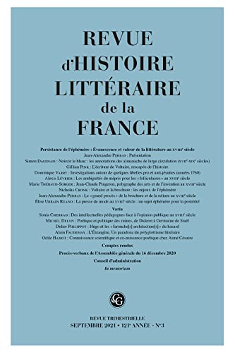 Revue d'histoire littéraire de la France, n° 3 (2021). Persistance de l'éphémère : évanescence et va