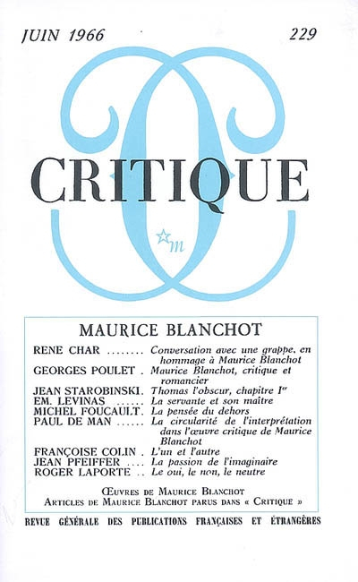Critique, n° 229. Maurice Blanchot