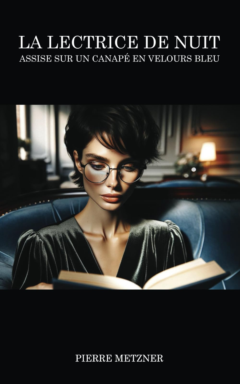 La lectrice de nuit assise sur un canapé en velours bleu